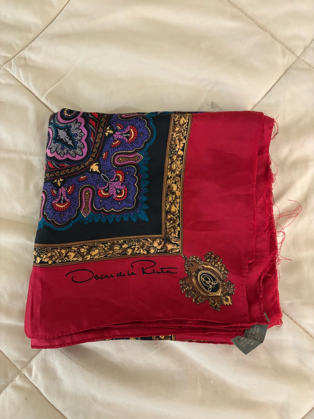 Oscar de la Renta Vintage Paisley Silk Square Scarf Red & Blue